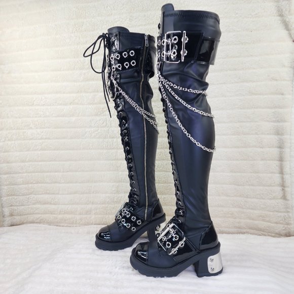 Bratty Big Buckle Strap Drape Chain Block Heel Stretch Thigh Goth Boots - Picture 8 of 15